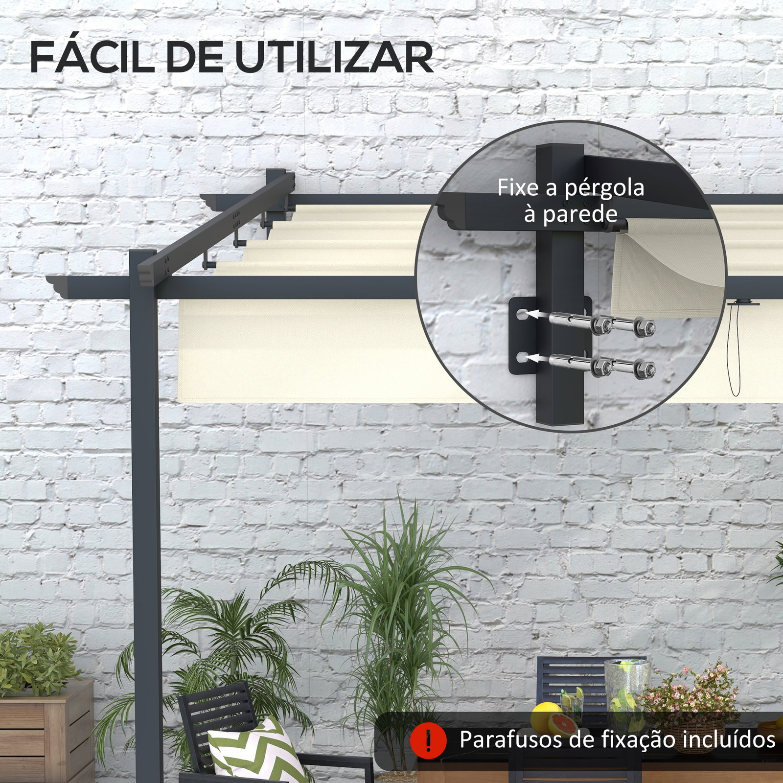 Pérgola de parede 3x3 m pérgola de jardim com teto retrátil de poliéster e estrutura de aço creme e cinza escuro