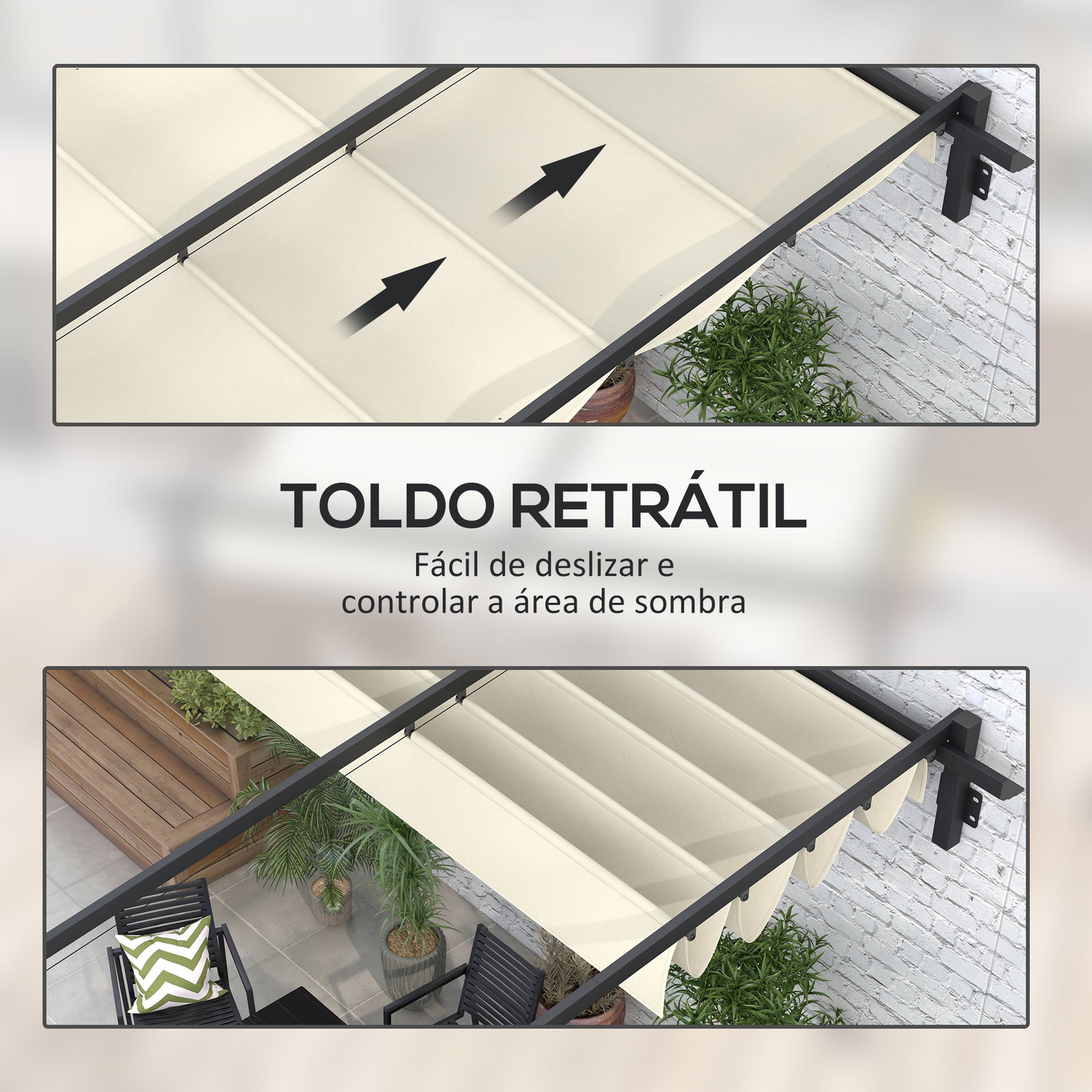 Pérgola de parede 3x3 m pérgola de jardim com teto retrátil de poliéster e estrutura de aço creme e cinza escuro