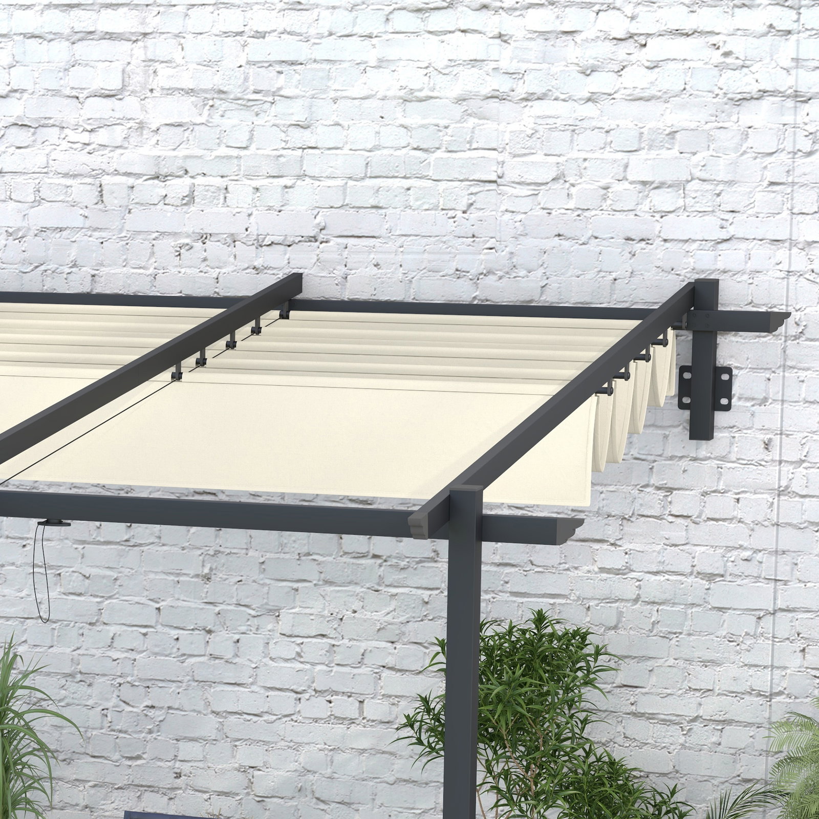 Pérgola de parede 3x3 m pérgola de jardim com teto retrátil de poliéster e estrutura de aço creme e cinza escuro