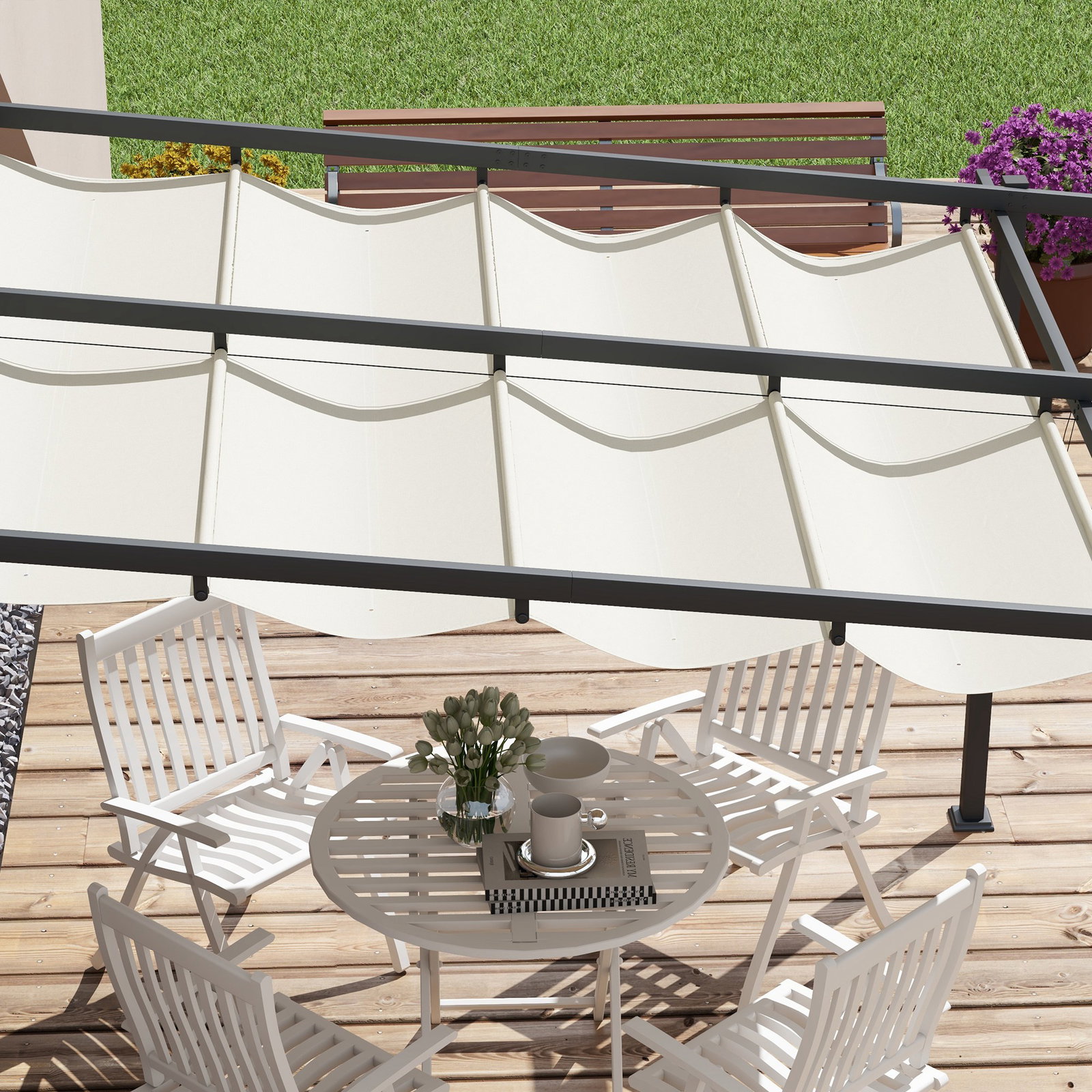 Pérgola de parede 3x3 m pérgola de jardim com teto retrátil de poliéster e estrutura de aço creme e cinza escuro