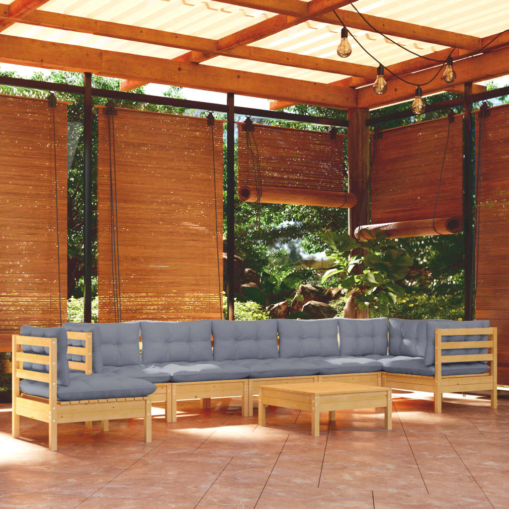9 Pcs conjunto lounge de jardim + almofadões cinza pinho maciço