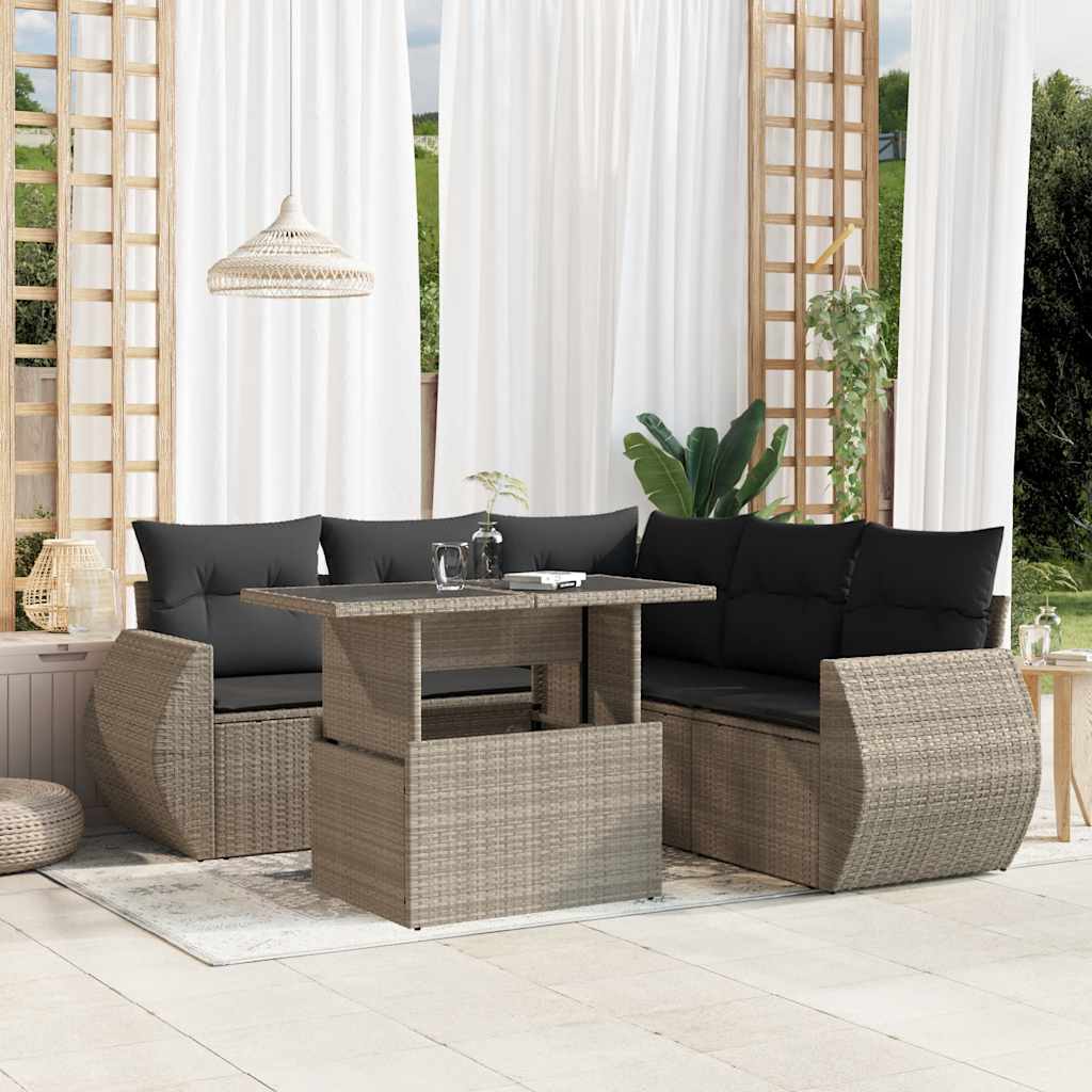 6 Pcs conj. sofás jardim com almofadões vime PE cinzento-claro