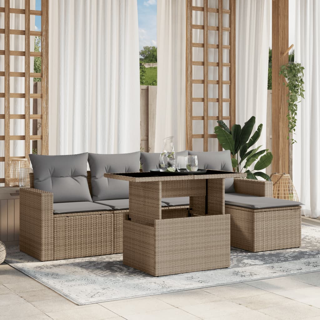 6 Pcs conjunto de sofás p/ jardim com almofadões vime PE bege