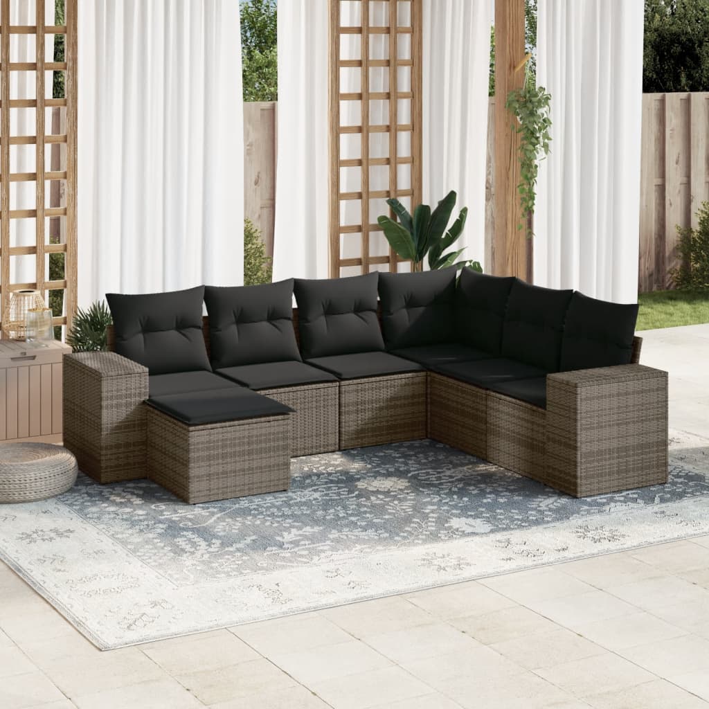 7 Pcs conjunto sofás p/ jardim c/ almofadões vime PE cinzento