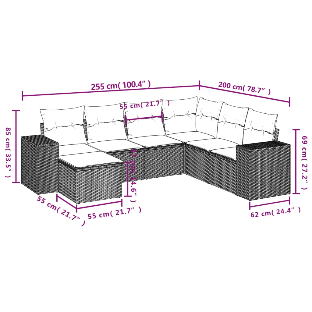 7 Pcs conjunto sofás p/ jardim c/ almofadões vime PE cinzento