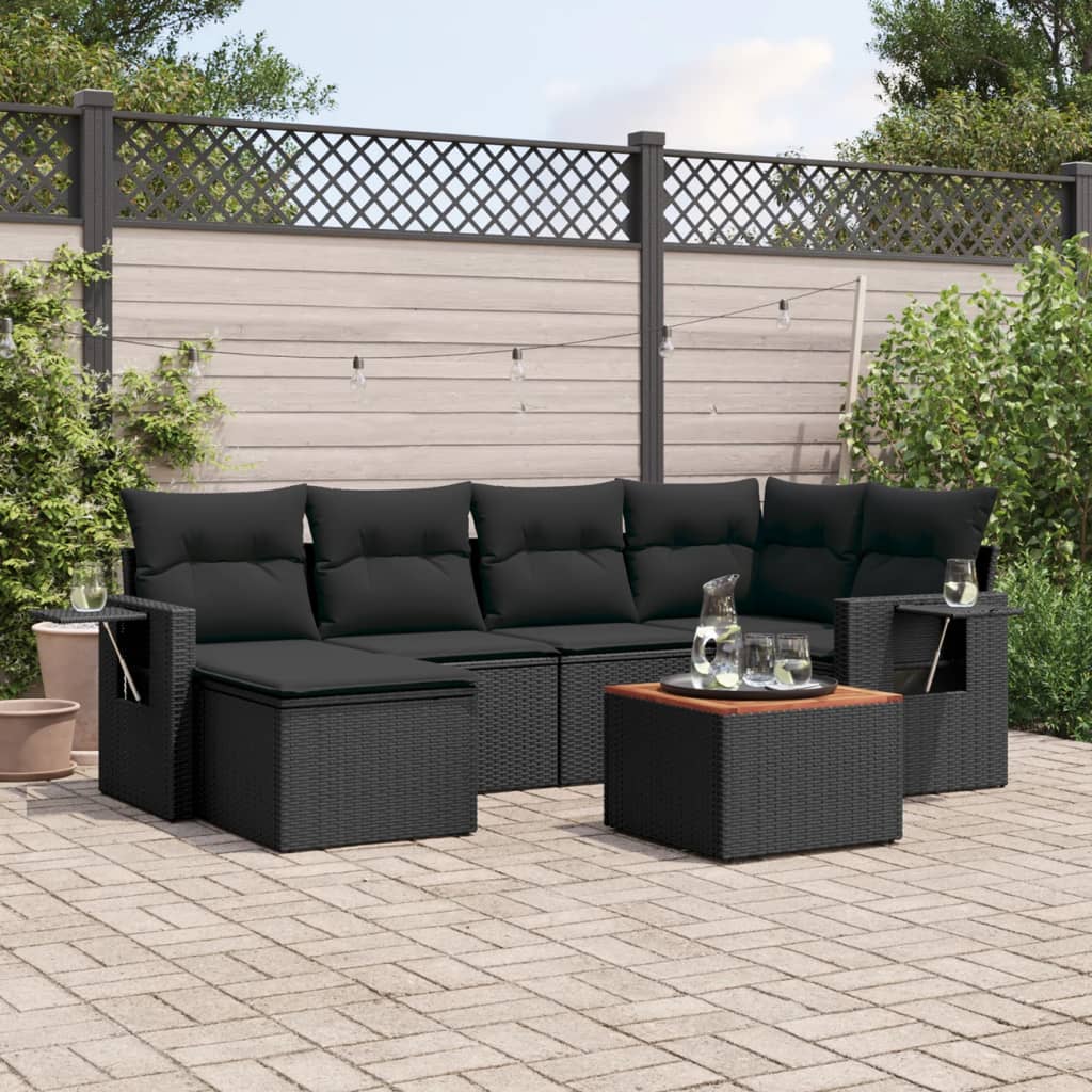 7 Pcs conjunto de sofás p/ jardim c/ almofadões vime PE preto