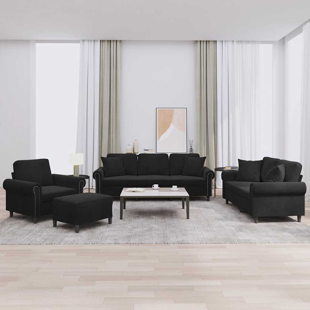 4 Pcs conjunto de sofás com almofadas veludo preto