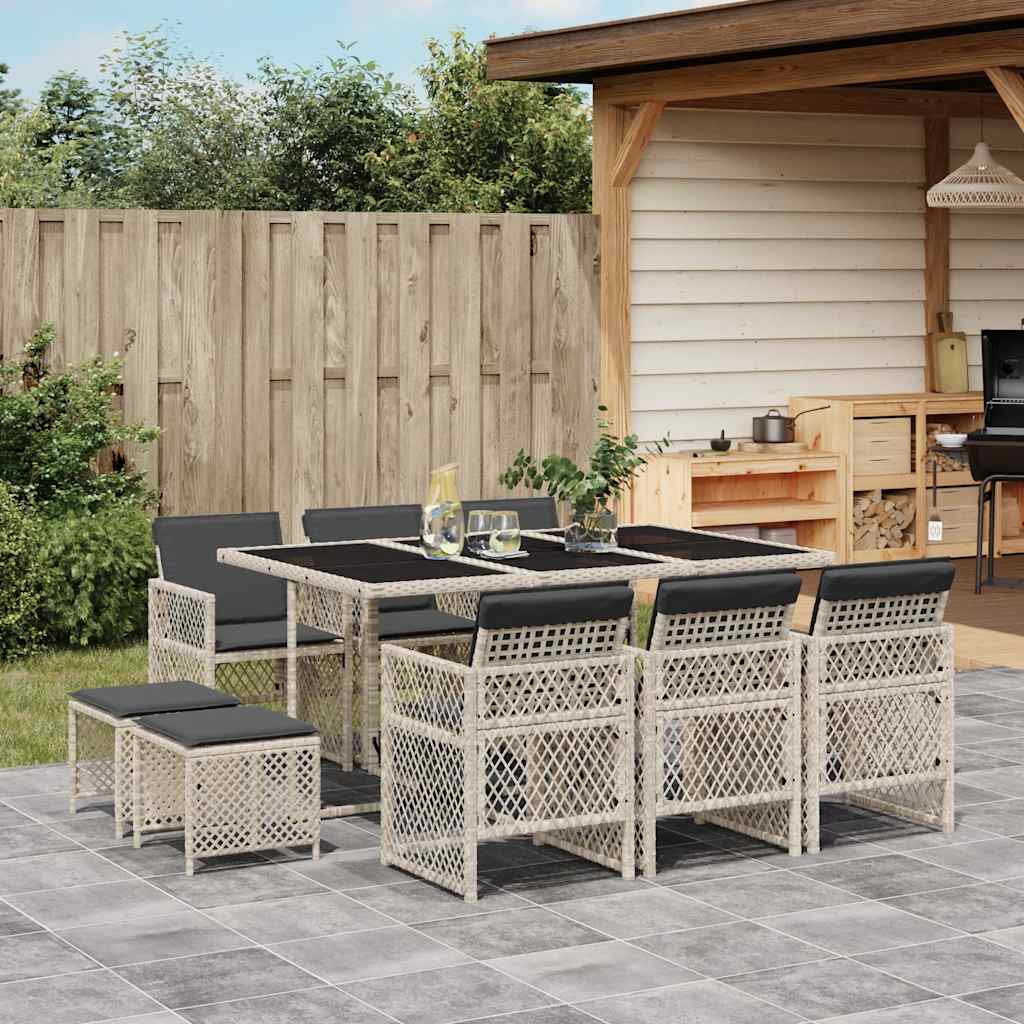 11 Pcs conjunto jantar p/ jardim c/ almofadões vime PE cinzento