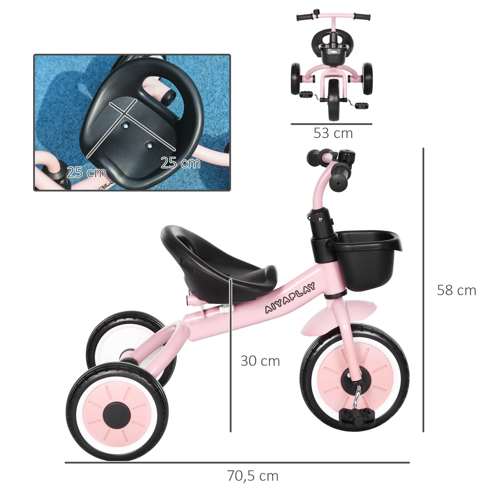 Triciclo para crianças de 2 a 5 anos com assento ajustável cesta buzina e pedais e 3 rodas 70,5x53x58 cm rosa