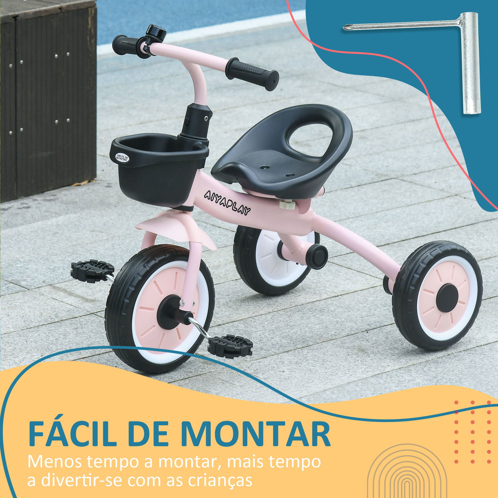 Triciclo para crianças de 2 a 5 anos com assento ajustável cesta buzina e pedais e 3 rodas 70,5x53x58 cm rosa