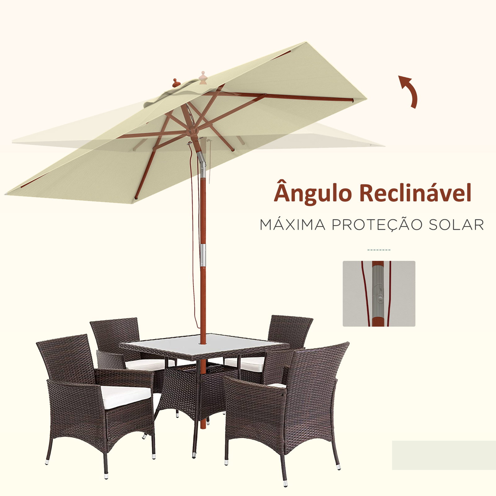 Chapéu de sol de jardim 200x150x235cm chapéu de sol inclinável com polia duplo teto e mastro desmontável de madeira bege