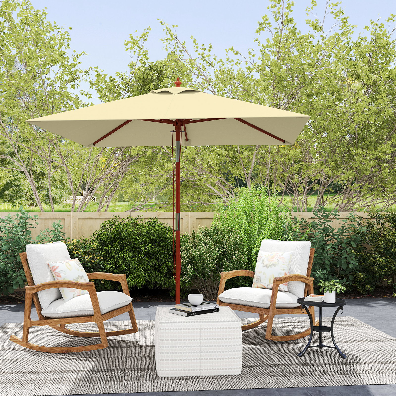 Chapéu de sol de jardim 200x150x235cm chapéu de sol inclinável com polia duplo teto e mastro desmontável de madeira bege