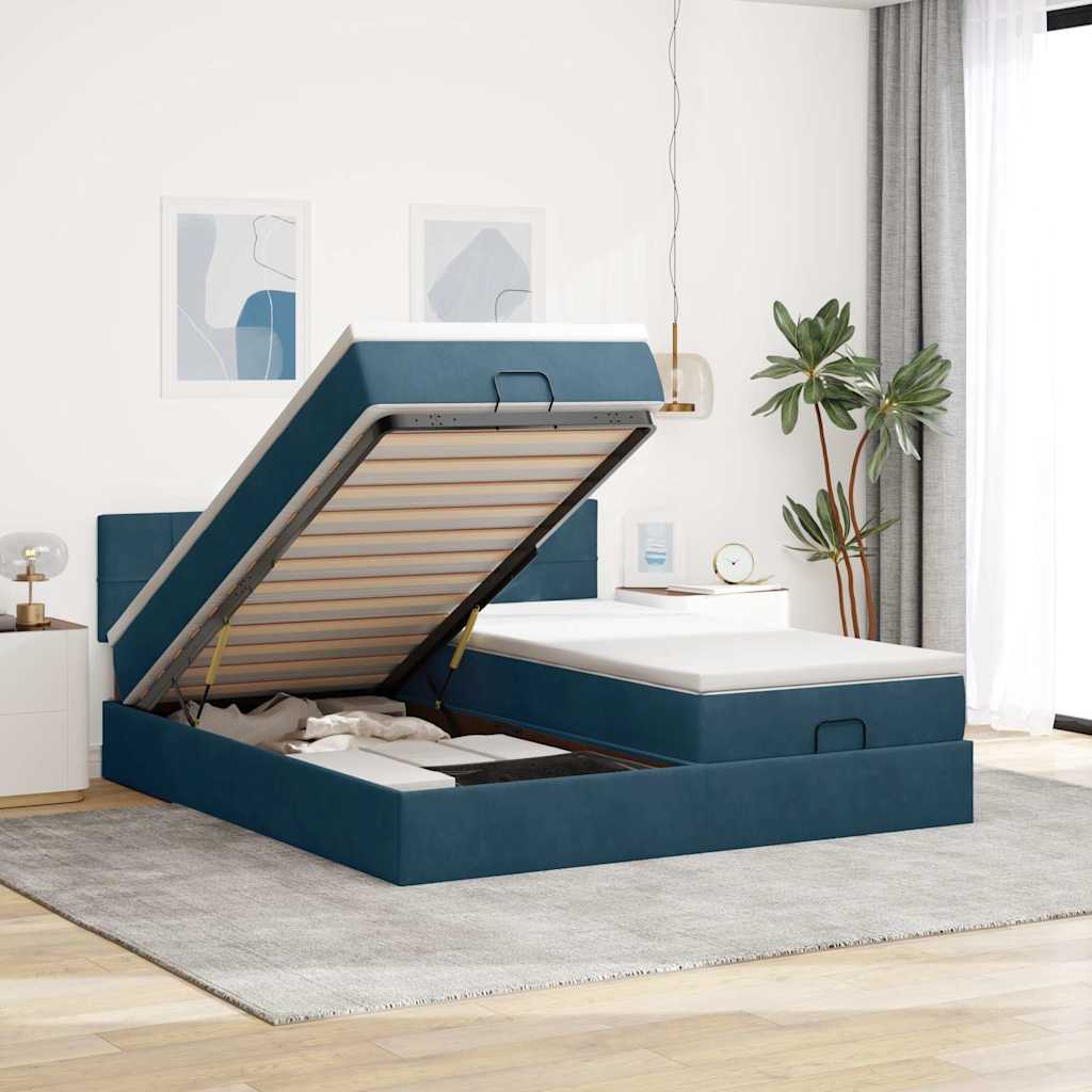 Cama otomana com colchões/leds 200x200 cm veludo azul-escuro