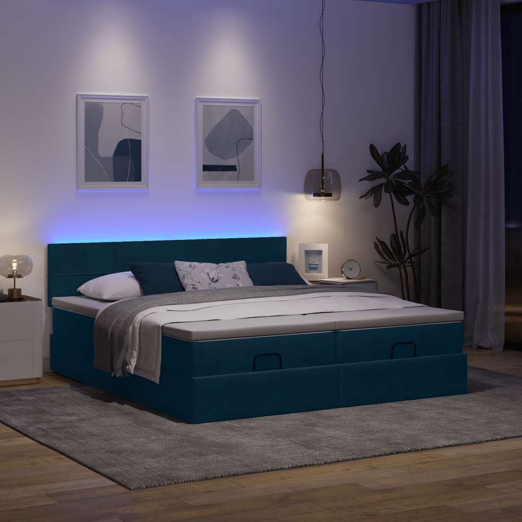 Cama otomana com colchões/leds 200x200 cm veludo azul-escuro