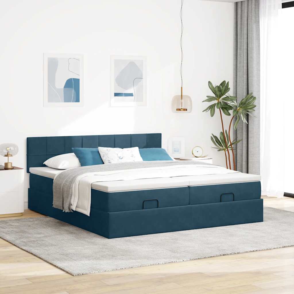 Cama otomana com colchões/leds 200x200 cm veludo azul-escuro