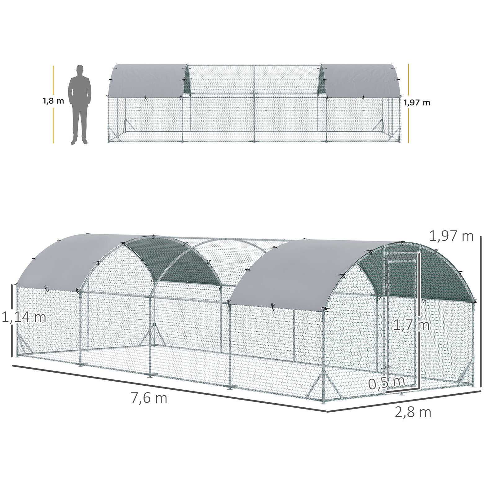 Galinheiro para exterior para 16-24 galinhas de aço galvanizado com teto de tecido oxford 2,8x7,60x1,97 m prata