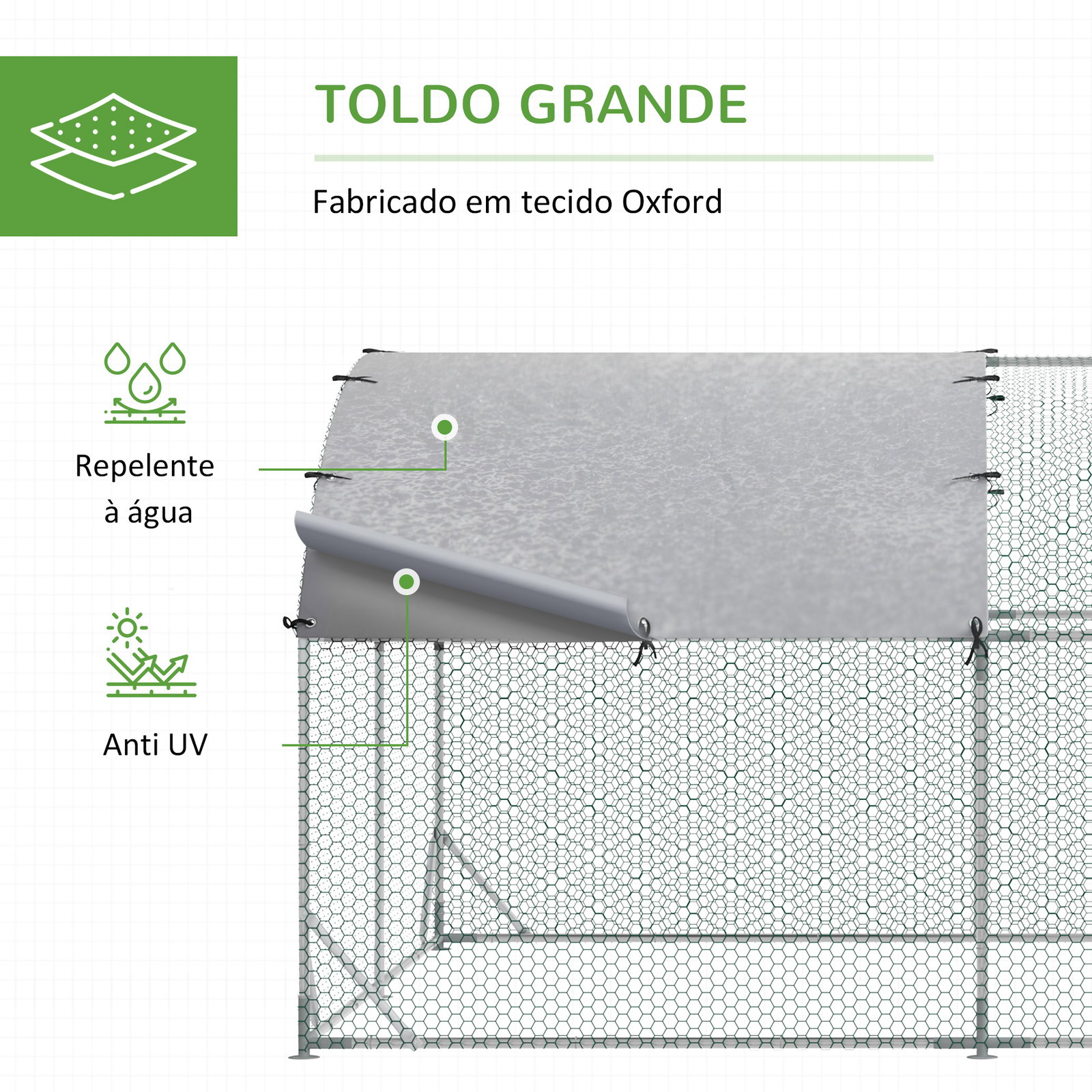 Galinheiro para exterior para 16-24 galinhas de aço galvanizado com teto de tecido oxford 2,8x7,60x1,97 m prata