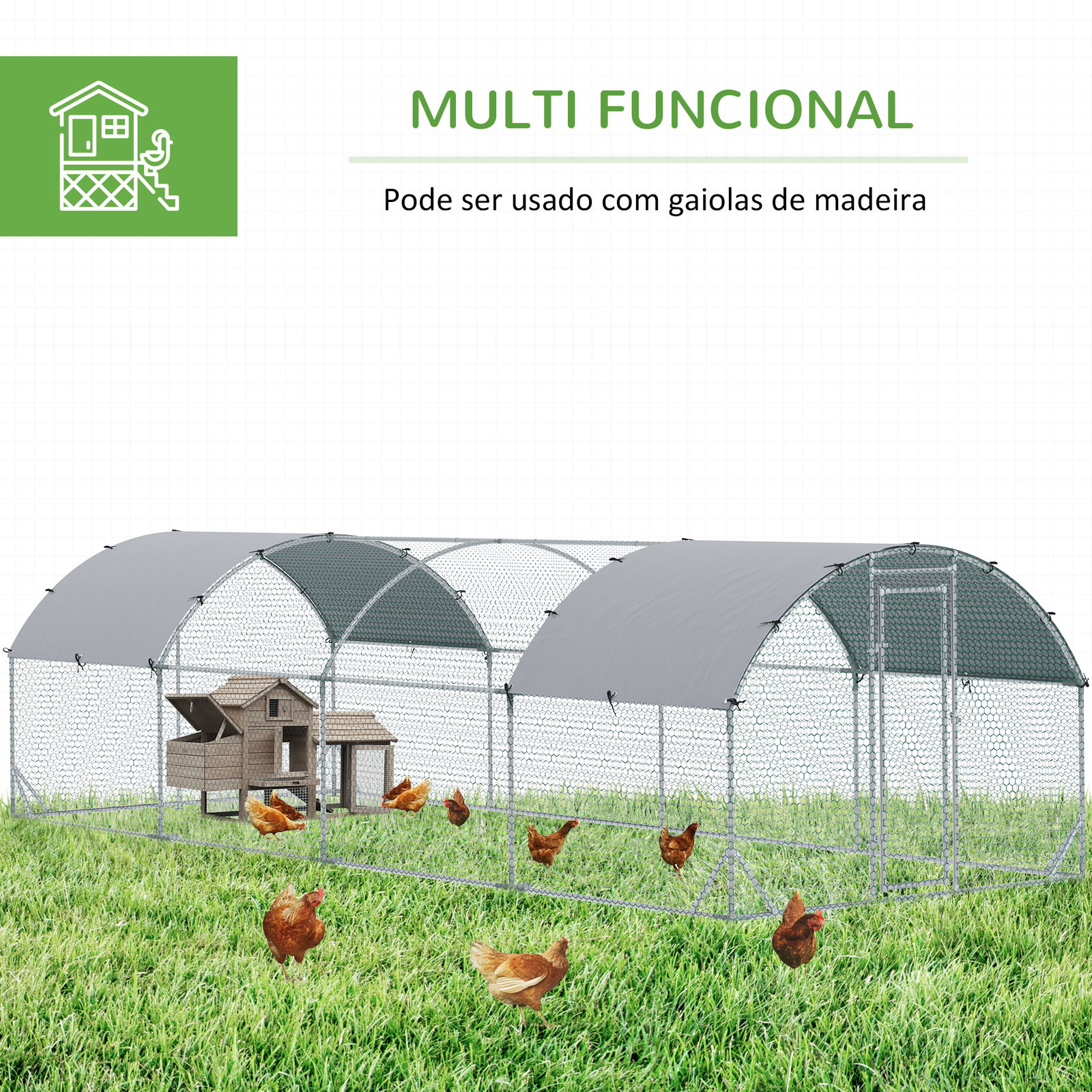 Galinheiro para exterior para 16-24 galinhas de aço galvanizado com teto de tecido oxford 2,8x7,60x1,97 m prata