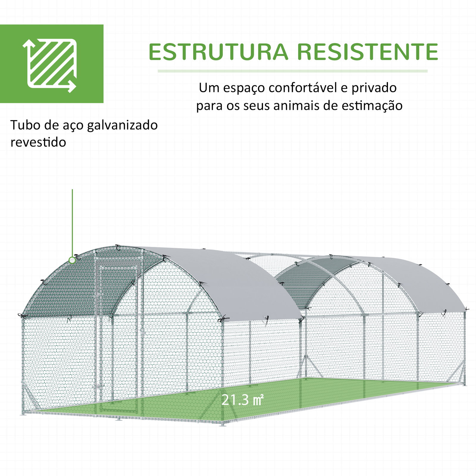 Galinheiro para exterior para 16-24 galinhas de aço galvanizado com teto de tecido oxford 2,8x7,60x1,97 m prata