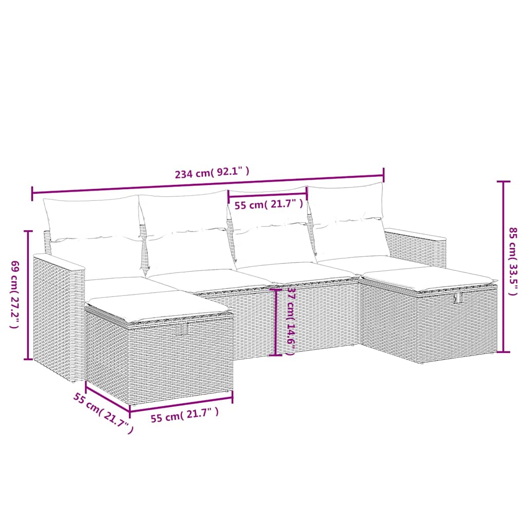 6 Pcs conjunto sofás de jardim c/ almofadões vime PE preto
