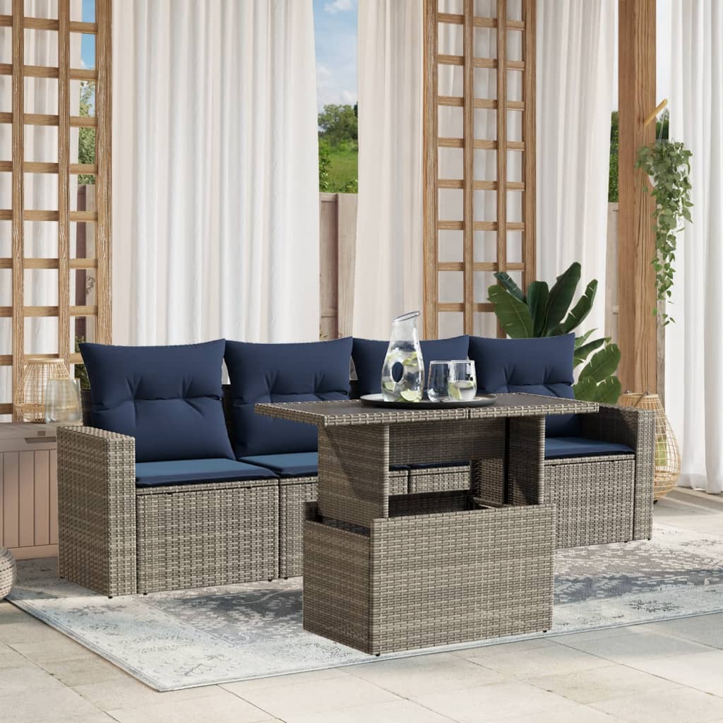 Conjunto de sofá de jardim de 5 peças com almofadas em rattan sintético cinza