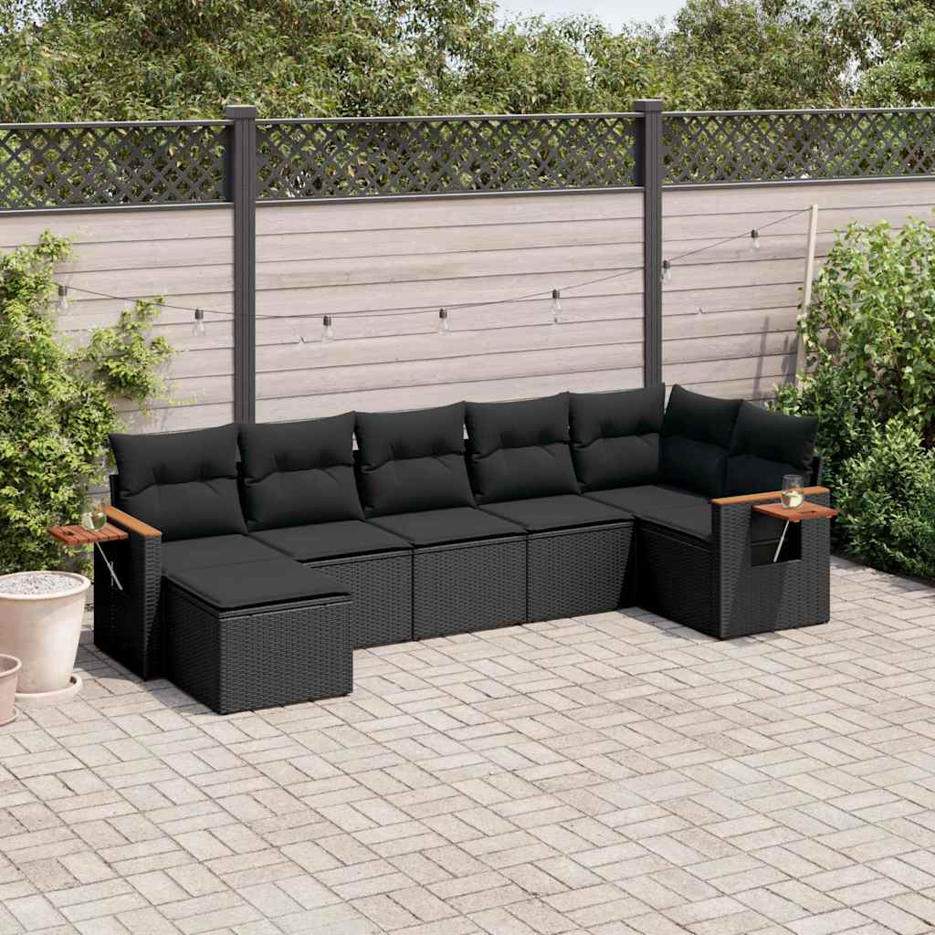 7 Pcs conjunto de sofás p/ jardim c/ almofadões vime PE preto