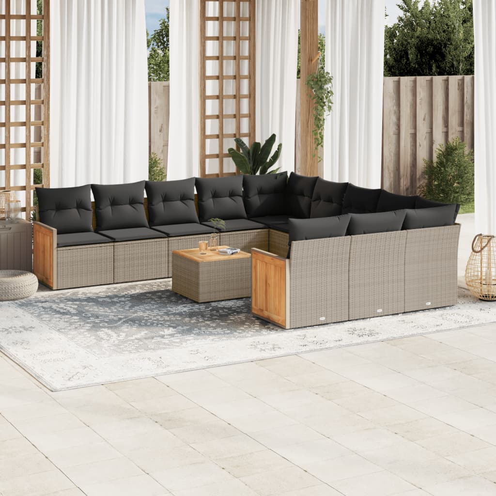12 Pcs conjunto de sofás jardim c/ almofadões vime PE cinzento
