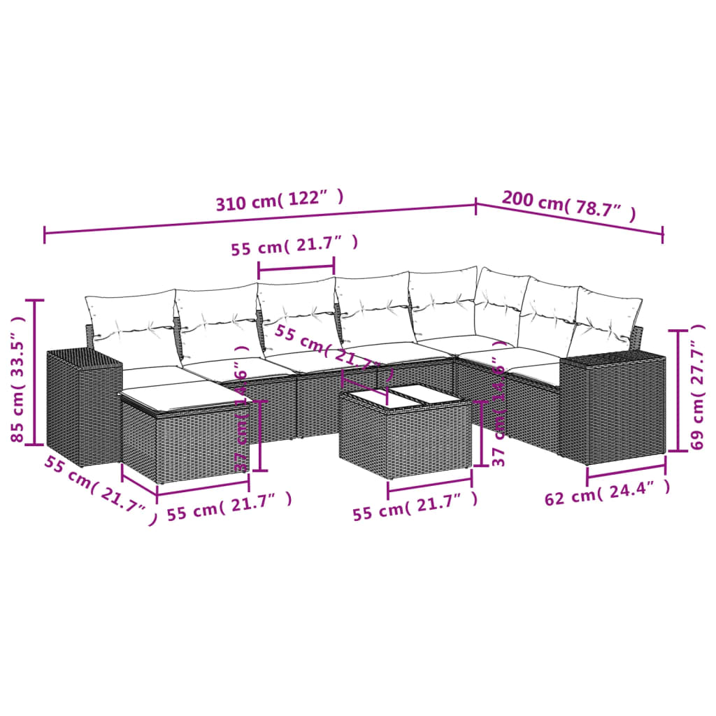 9 Pcs conjunto de sofás p/ jardim c/ almofadões vime PE preto