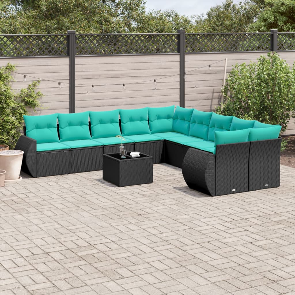 Conjunto de sofá de jardim com 11 peças e almofadas em rattan sintético preto