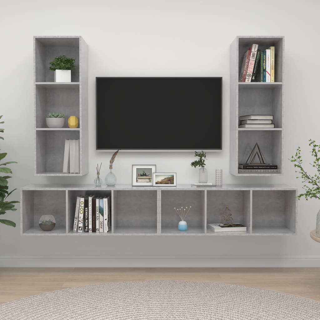 Armários de parede para TV 4 pcs contraplacado cinzento cimento