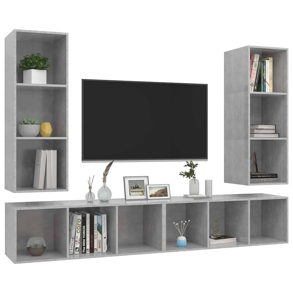 Armários de parede para TV 4 pcs contraplacado cinzento cimento