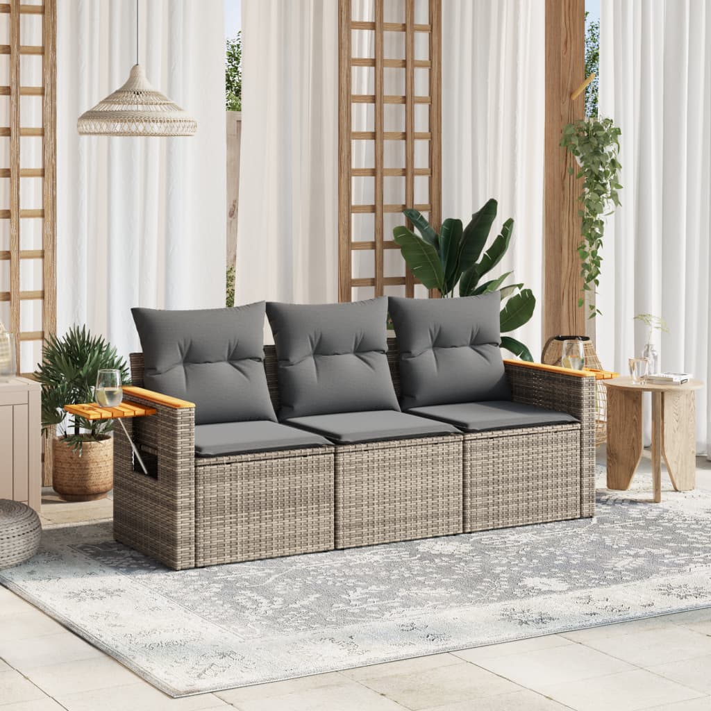 3 Pcs conjunto sofás de jardim c/ almofadões vime PE cinzento