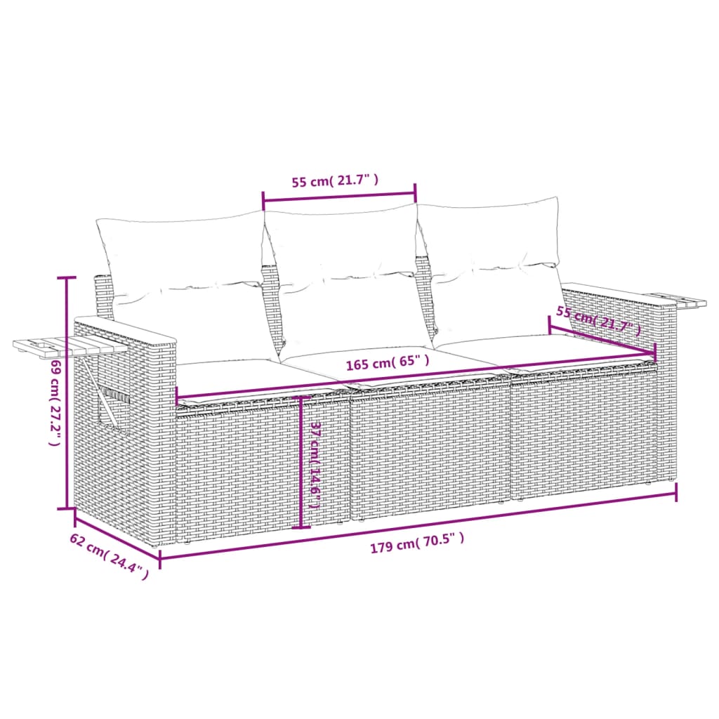 3 Pcs conjunto sofás de jardim c/ almofadões vime PE cinzento