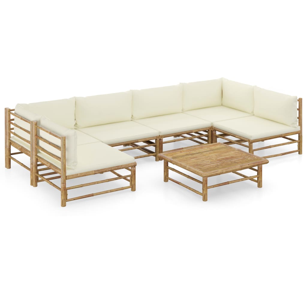 7 Pcs conj. lounge p/ jardim em bambu c/ almofadões branco nata
