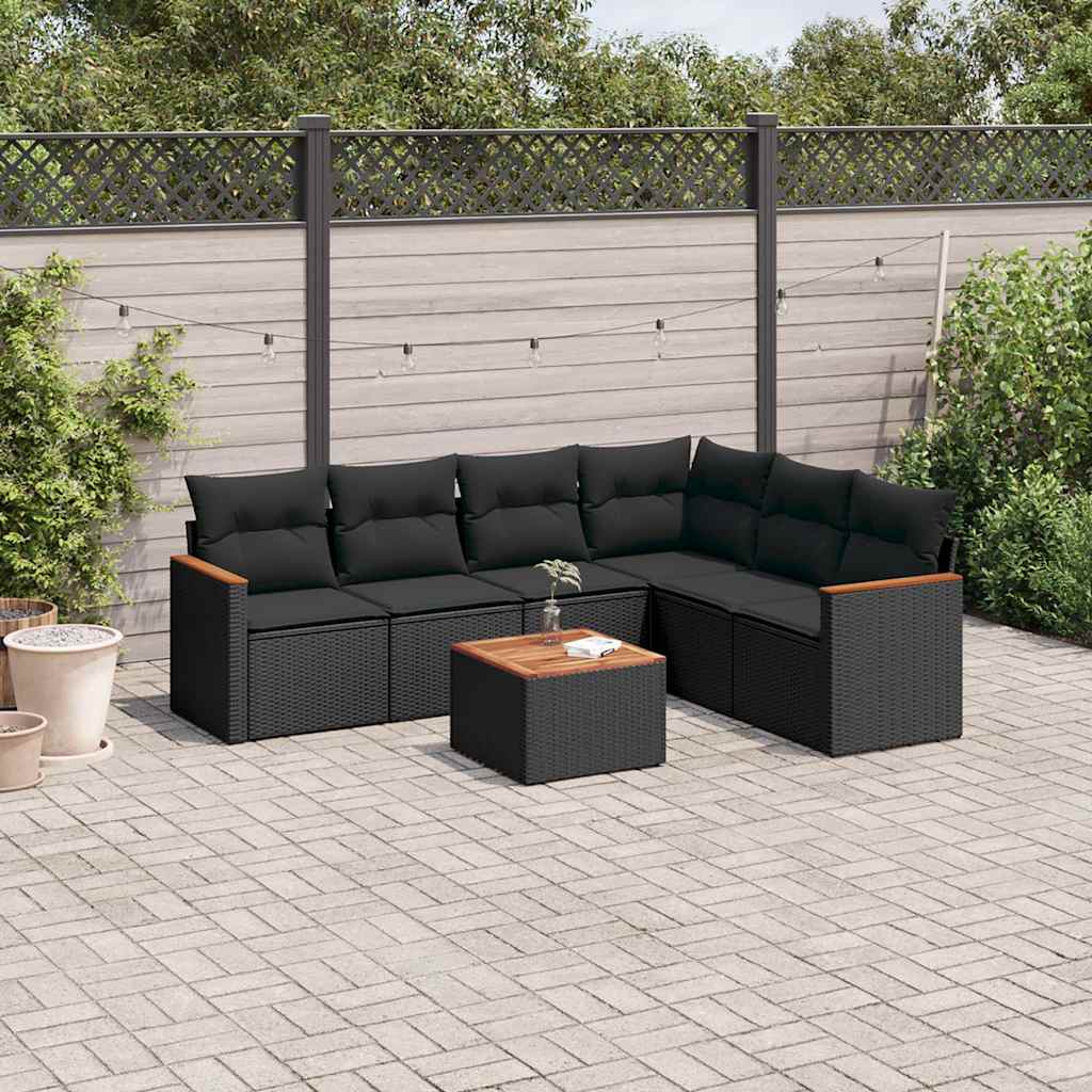 7 Pcs conjunto de sofás p/ jardim c/ almofadões vime PE preto