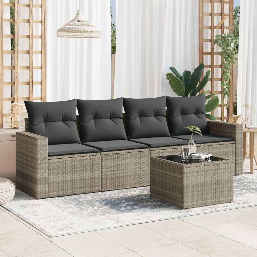 5 Pcs conj. sofás jardim c/ almofadões vime PE cinzento-claro