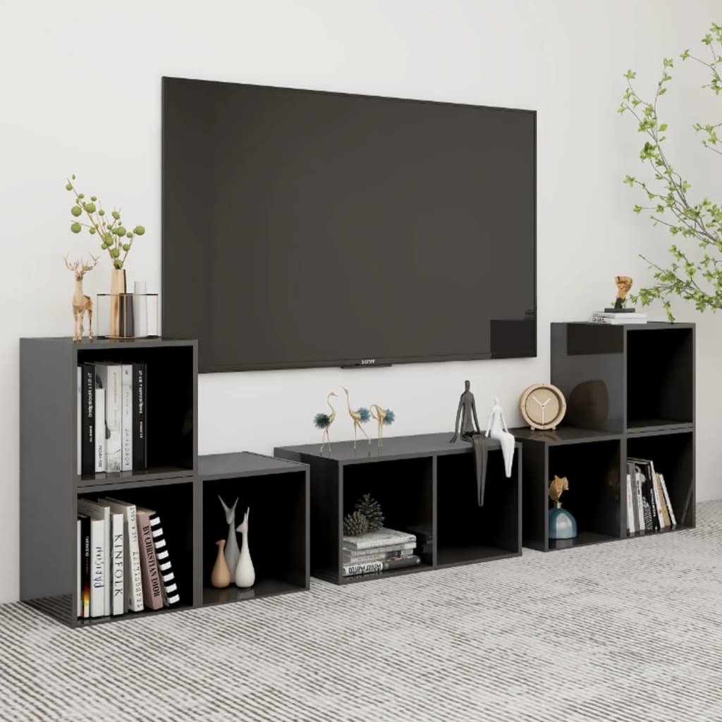 6 Pcs conjunto móveis de TV derivados madeira cinza brilhante