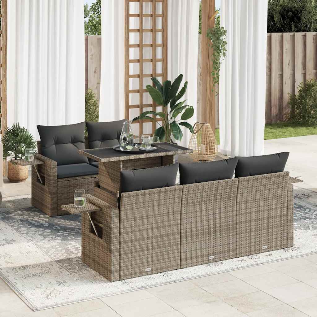 6 Pcs conjunto sofás de jardim com almofadões vime cinzento