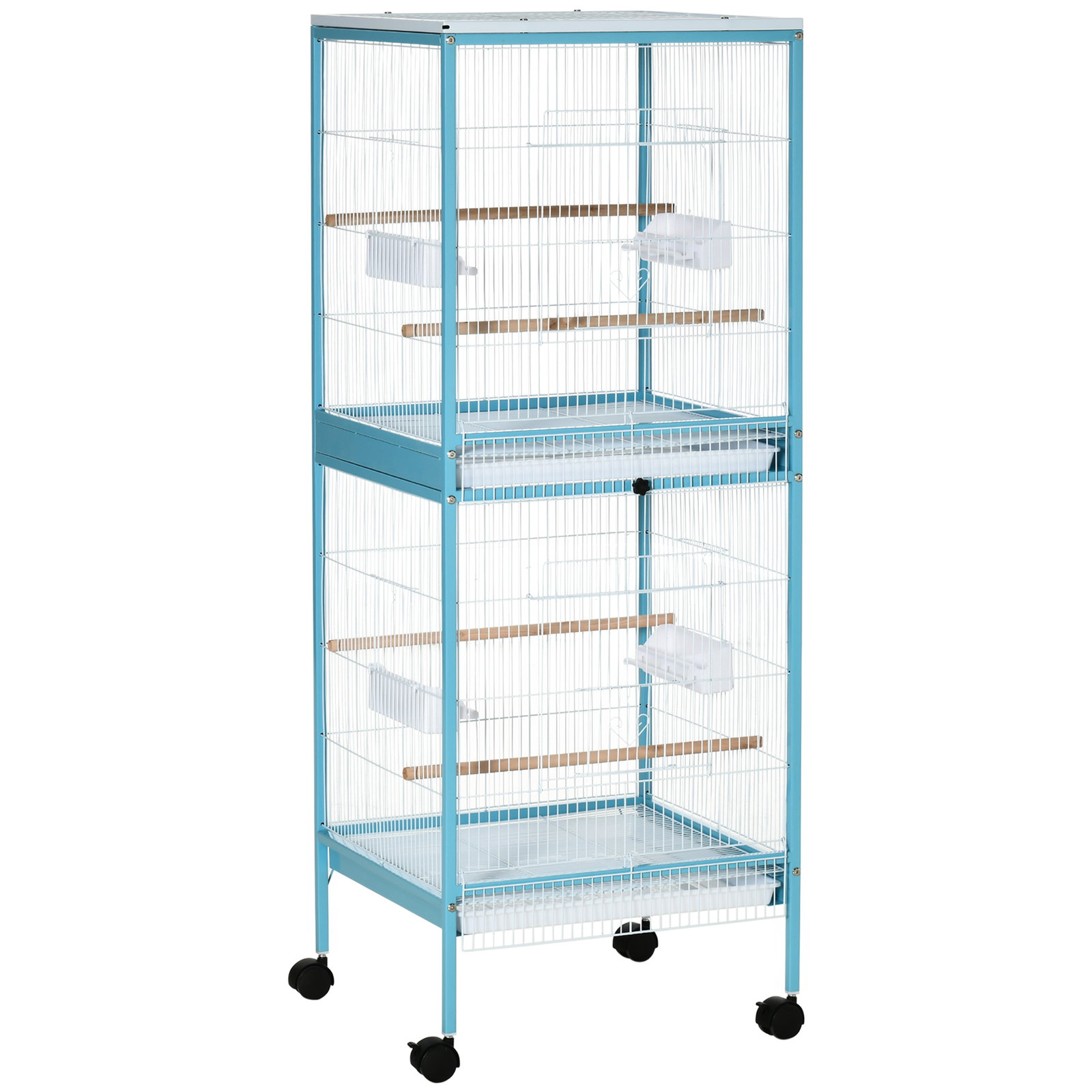 Gaiola para Pássaros com Rodas de 2 Níveis com Bandejas Removíveis Portas Comedouros Poleiros 51,5x50x140 cm Azul