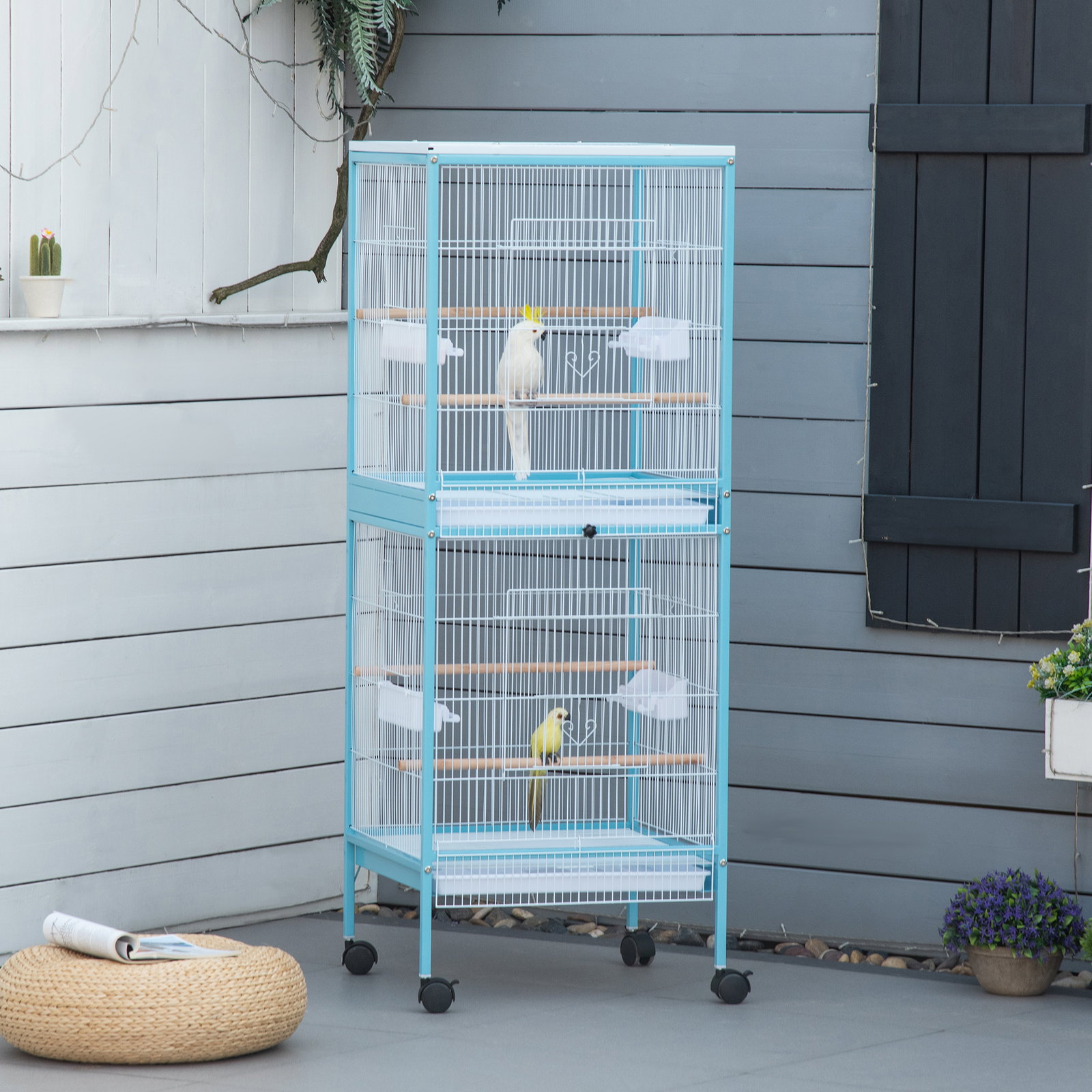 Gaiola para Pássaros com Rodas de 2 Níveis com Bandejas Removíveis Portas Comedouros Poleiros 51,5x50x140 cm Azul