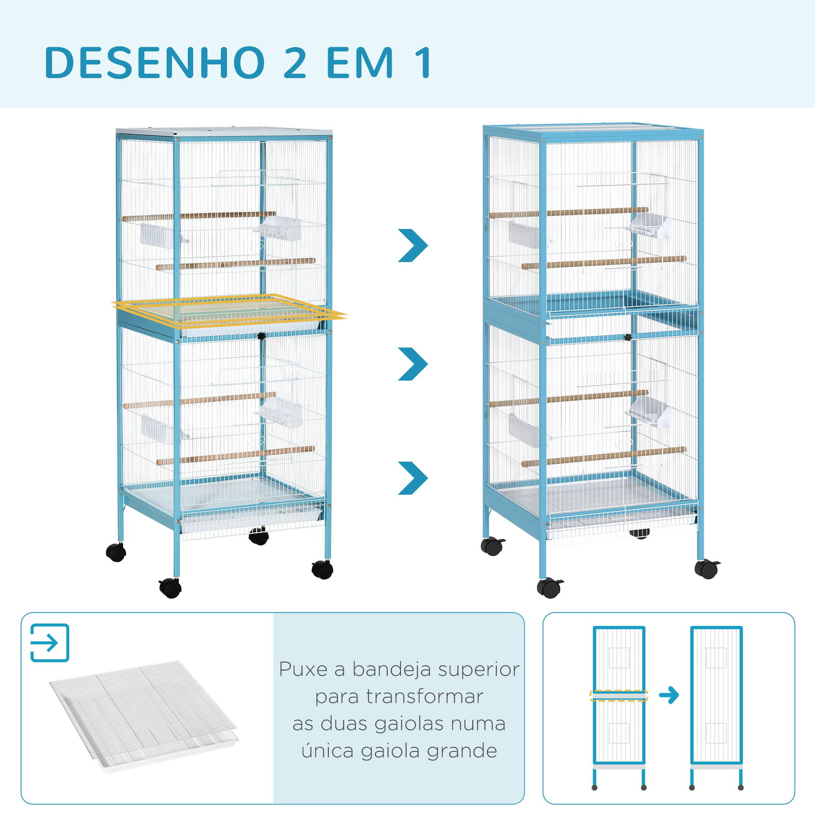 Gaiola para Pássaros com Rodas de 2 Níveis com Bandejas Removíveis Portas Comedouros Poleiros 51,5x50x140 cm Azul