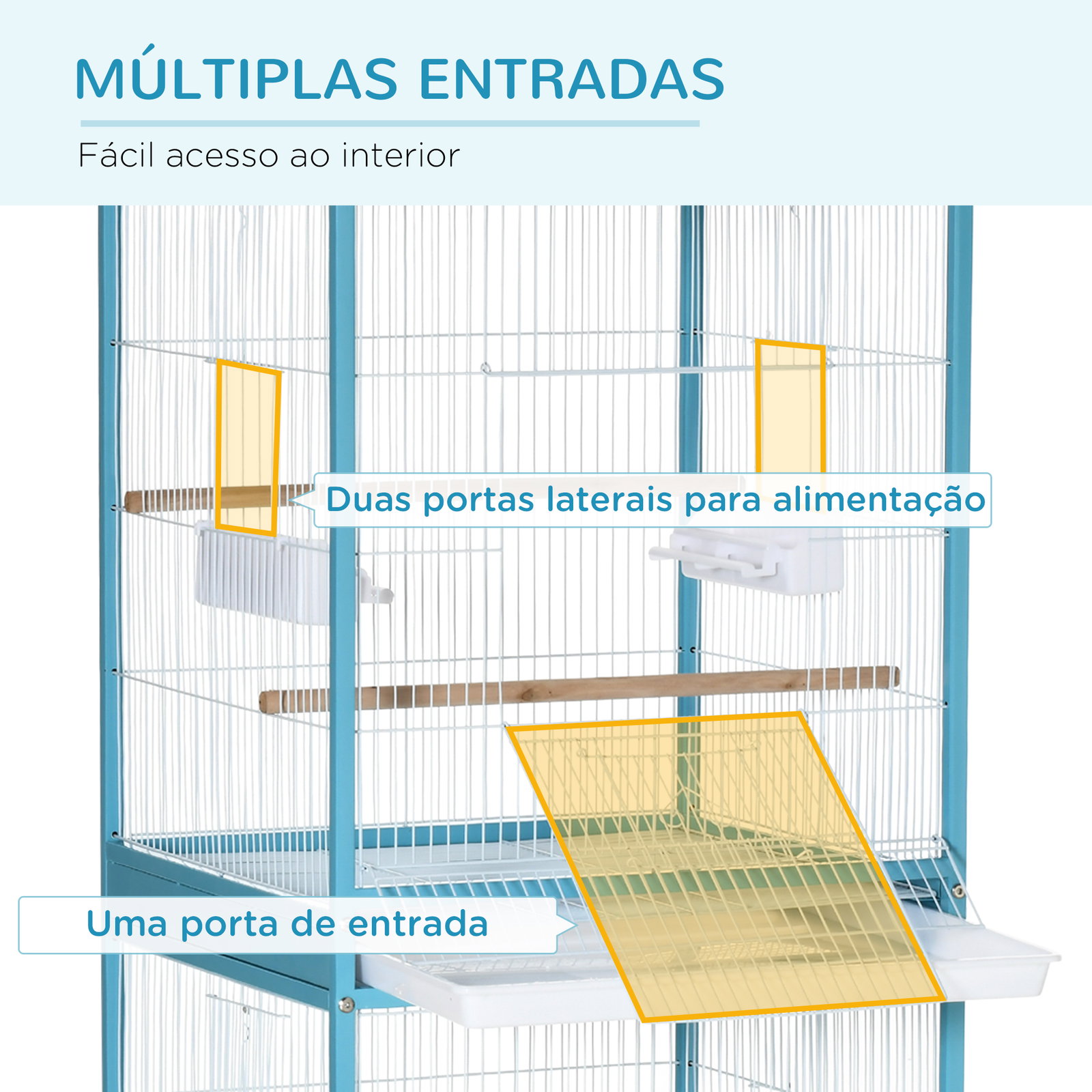 Gaiola para Pássaros com Rodas de 2 Níveis com Bandejas Removíveis Portas Comedouros Poleiros 51,5x50x140 cm Azul