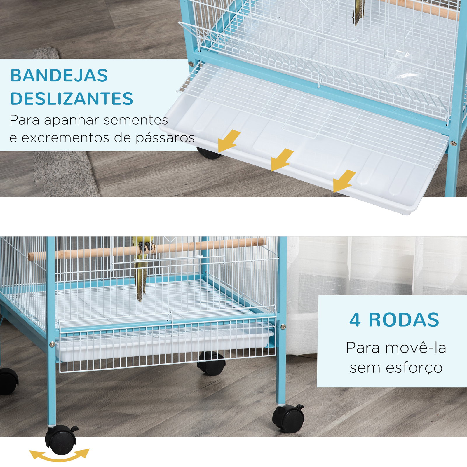Gaiola para Pássaros com Rodas de 2 Níveis com Bandejas Removíveis Portas Comedouros Poleiros 51,5x50x140 cm Azul