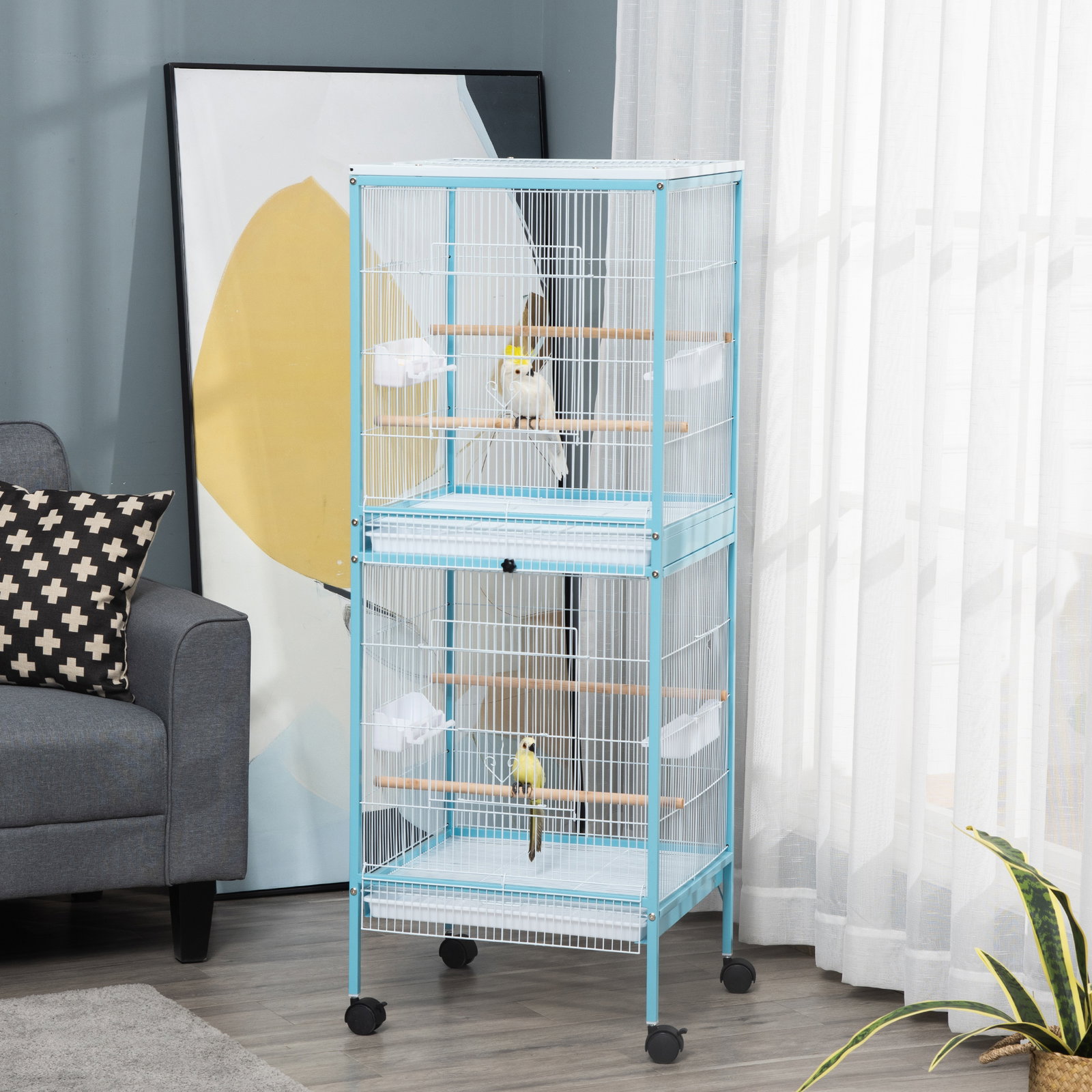 Gaiola para Pássaros com Rodas de 2 Níveis com Bandejas Removíveis Portas Comedouros Poleiros 51,5x50x140 cm Azul