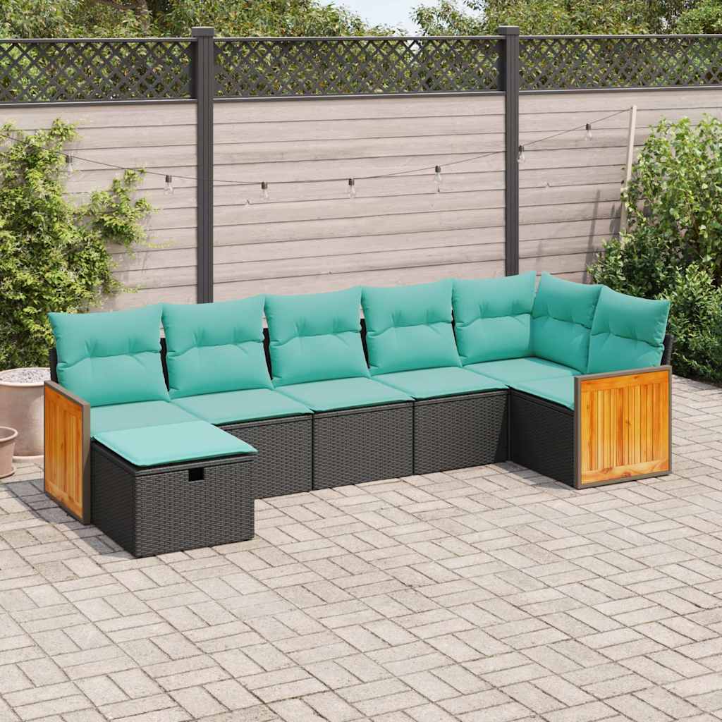 7 Pcs conjunto de sofás p/ jardim c/ almofadões vime PE preto