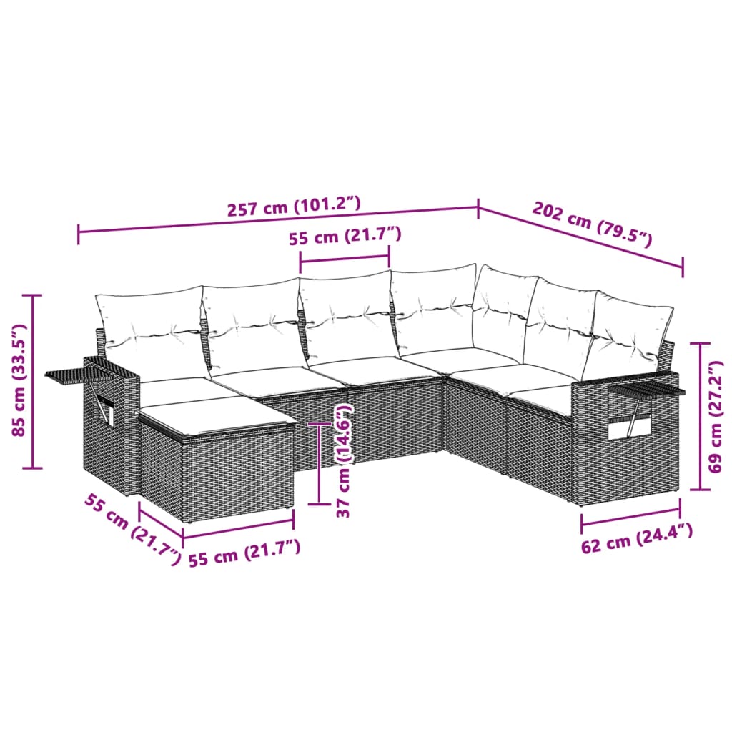 7 Pcs conj. sofás jardim com almofadões vime PE cinzento-claro