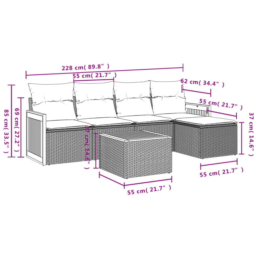 6 Pcs conjunto sofás de jardim com almofadões vime cinzento