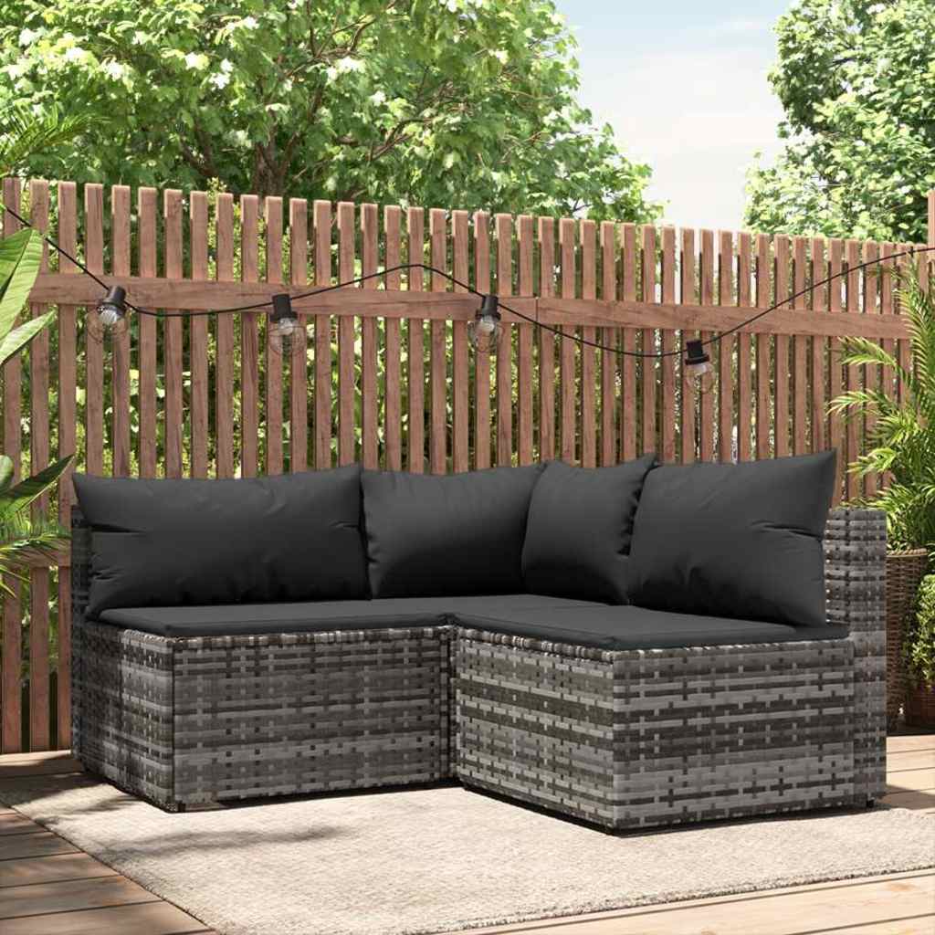 3 Pcs conjunto lounge de jardim c/ almofadões vime PE cinzento