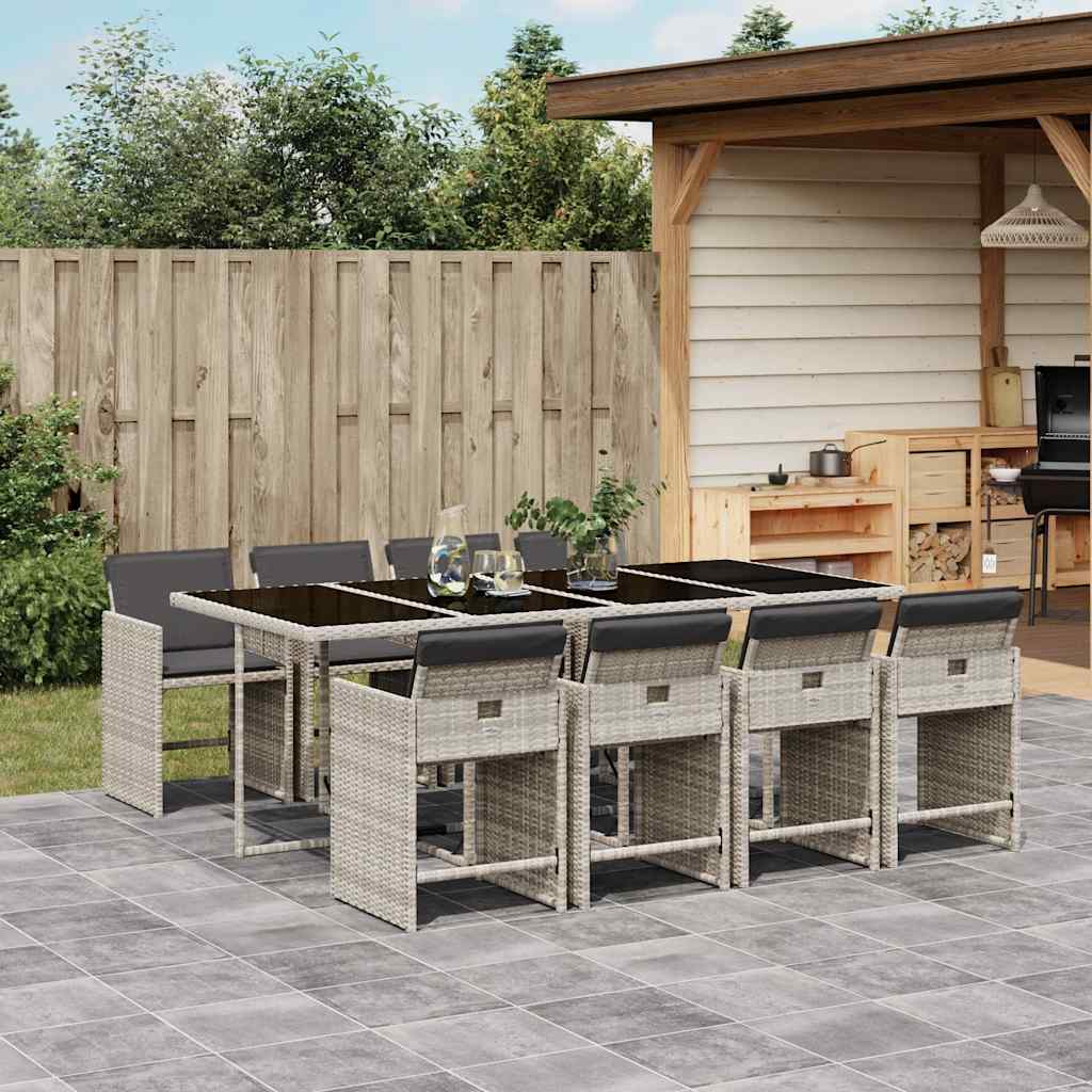 9 Pcs conjunto de jantar p/ jardim c/ almofadões cinzento claro