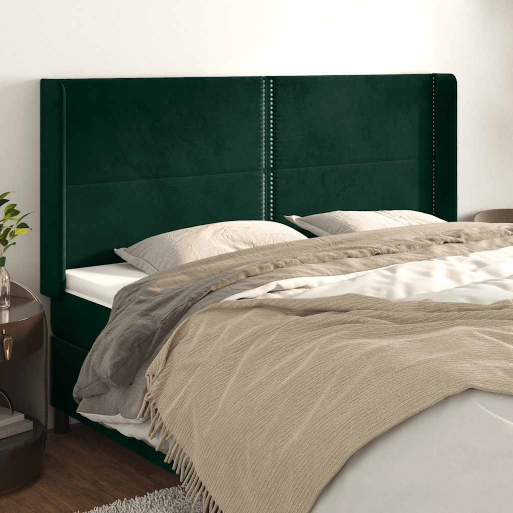 Cabeceira cama c/ abas veludo 203x16x118/128 cm verde-escuro